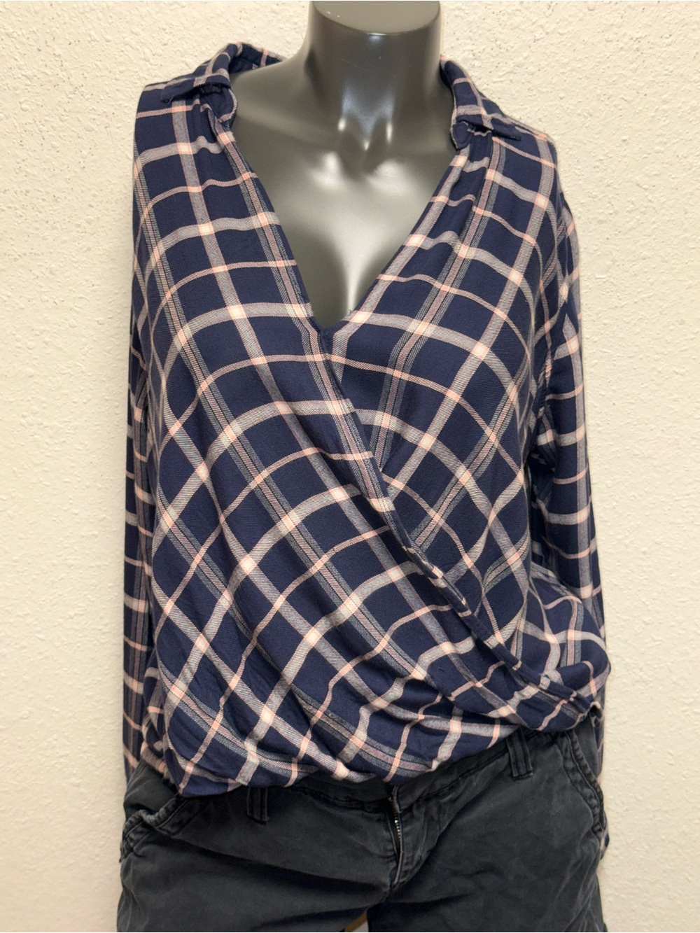 Hollister Navy and Light Pink Plaid Wrap Blouse